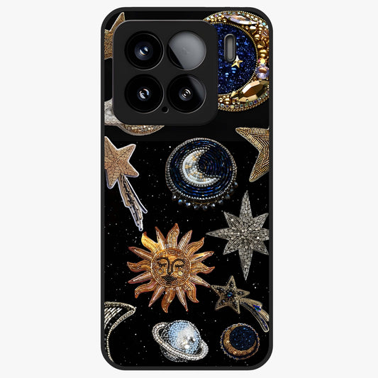 Celestial Gem Constellations Glass Case showing flat back view with sparkling constellation artwork and glossy glass finish.