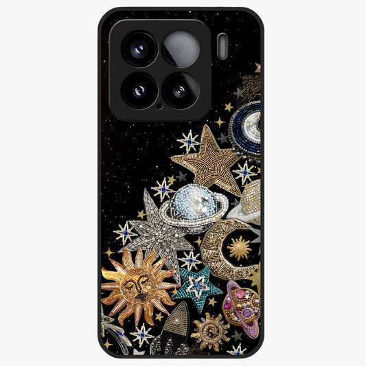 Cosmic Sparkle Dreams Glass Case showing flat back view with sparkling cosmic artwork and glossy glass finish.
