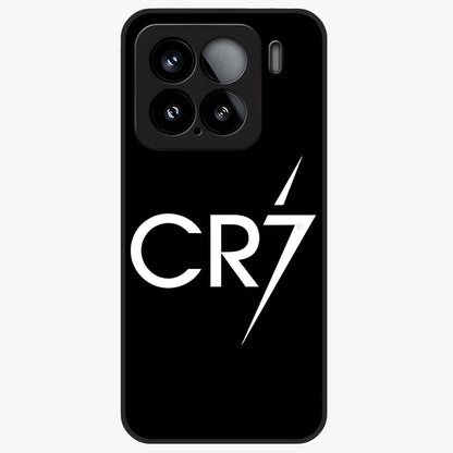 Cr7 Elite Strike Glass Case showing flat back view with dynamic football inspired artwork and glossy glass finish.