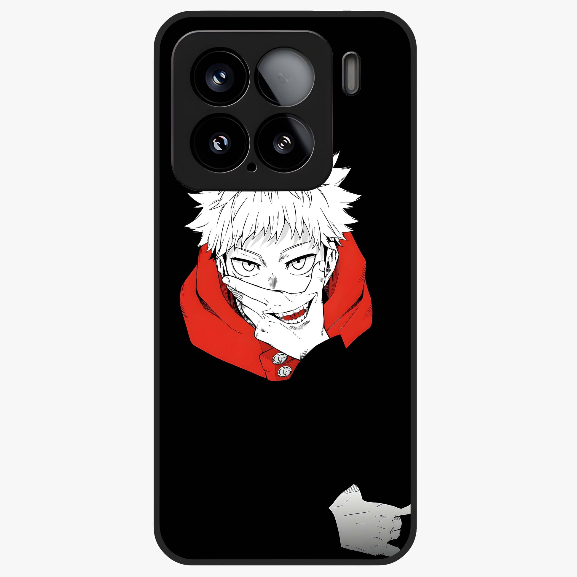 Crimson Chaos Smile Glass Case showing flat back view with bold chaotic smile artwork and glossy glass finish.