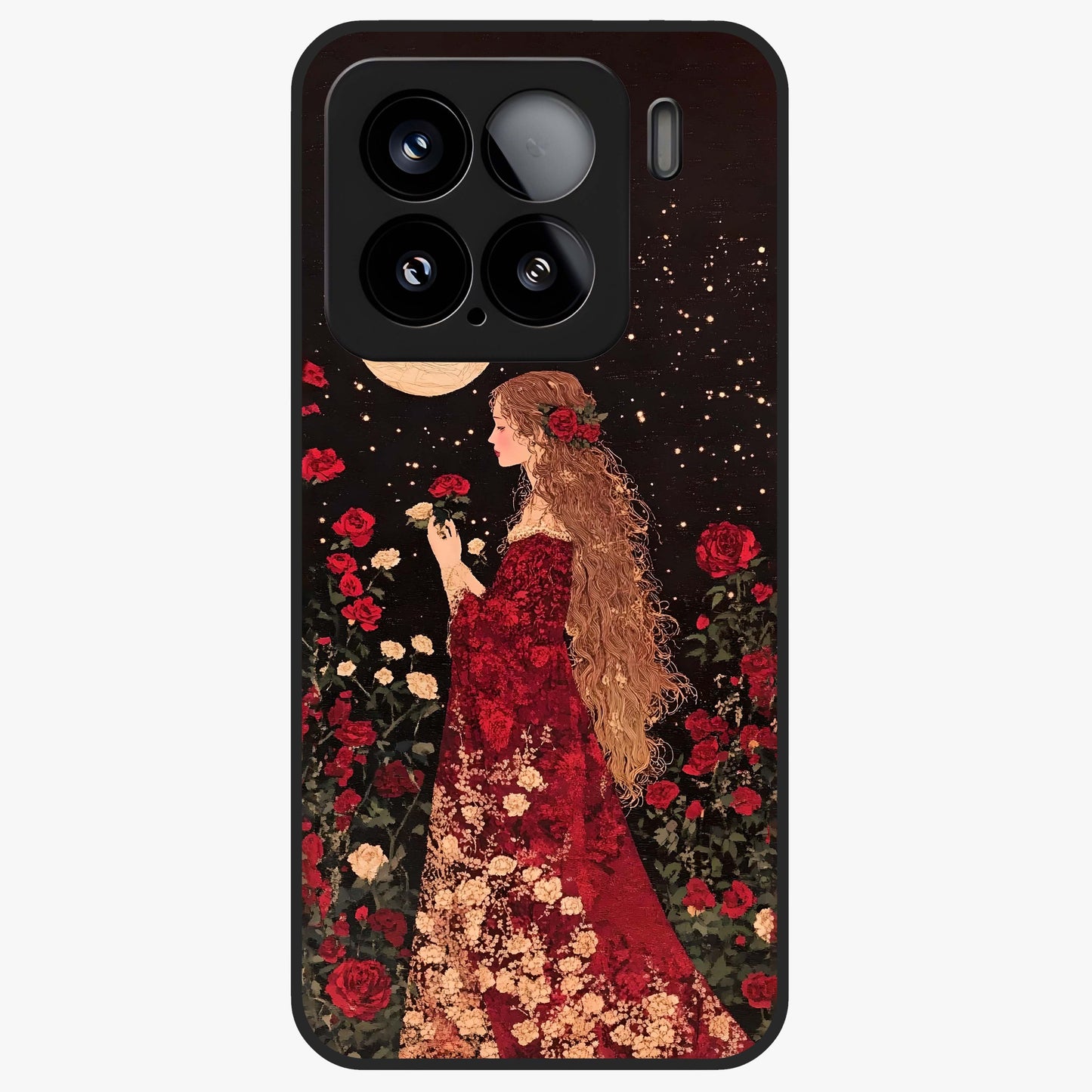 Crimson Dreams Glass Case showing flat back view with dreamy crimson artwork and glossy glass finish.