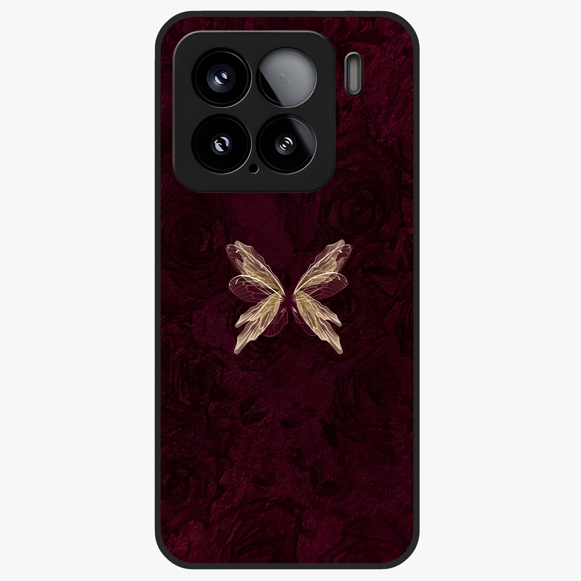 Crimson Fade Butterfly Glass Case showing flat back view with fading butterfly artwork and glossy glass finish.