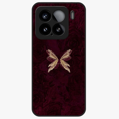 Crimson Fade Butterfly Glass Case showing flat back view with fading butterfly artwork and glossy glass finish.