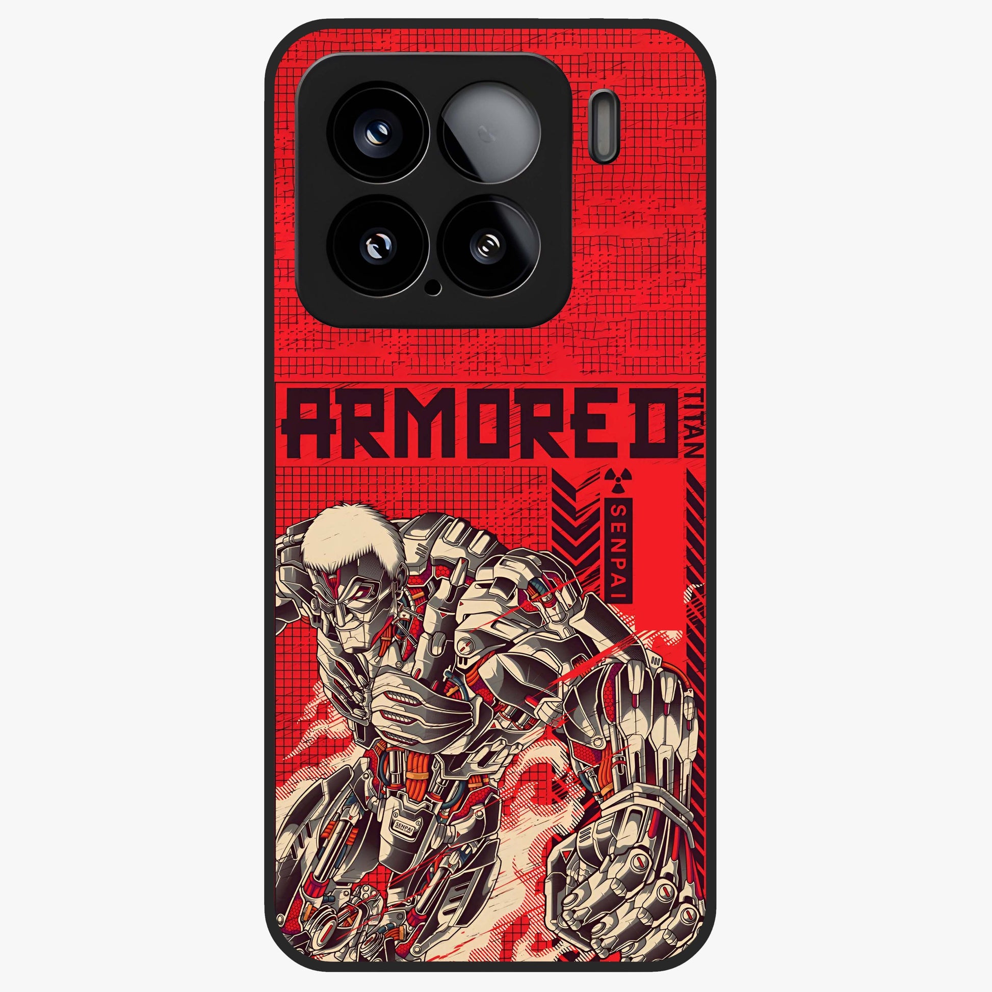 Crimson Mecha Titan Glass Case showing flat back view with powerful mech titan artwork and glossy glass finish.