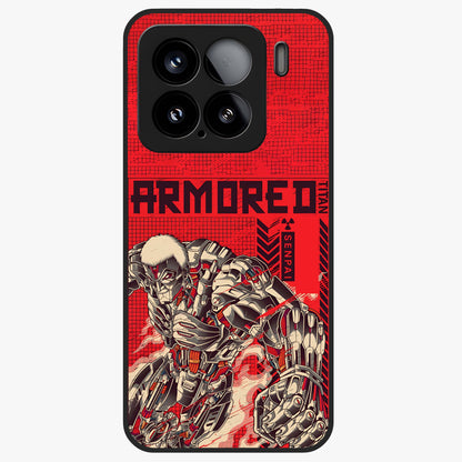 Crimson Mecha Titan Glass Case showing flat back view with powerful mech titan artwork and glossy glass finish.