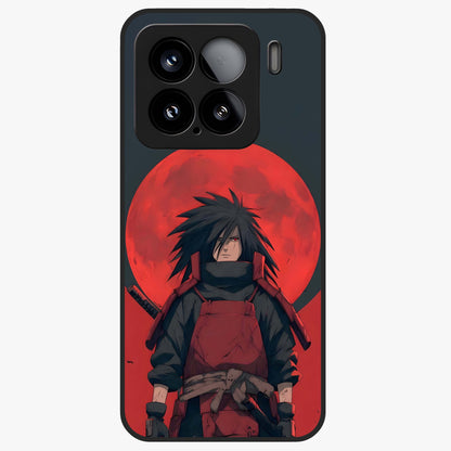 Crimson Moon Warlord Glass Case showing flat back view with mystical moon warrior artwork and glossy glass finish.