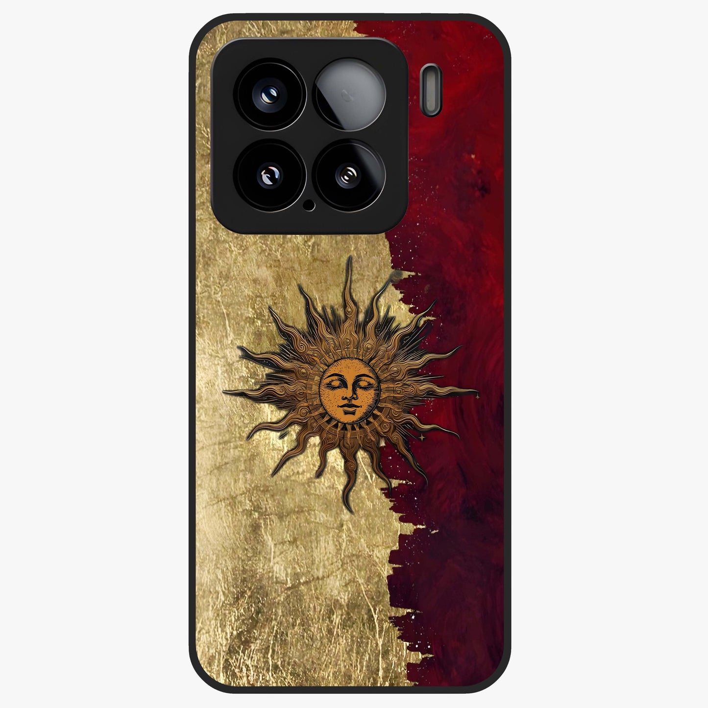 Crimson Sun Majesty Glass Case showing flat back view with radiant sun inspired artwork and glossy glass finish.