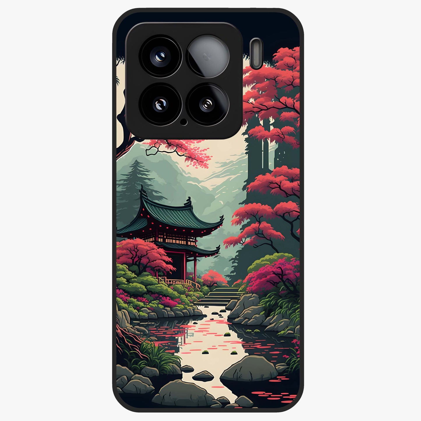 Crimson Temple View Glass Case showing flat back view with temple inspired artwork and glossy glass finish.