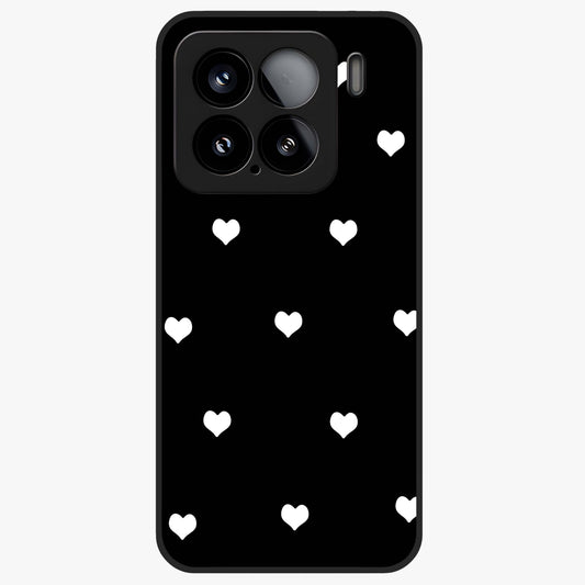 Cute And Simple White Hearts Glass Case showing flat back view with minimal white heart pattern and glossy glass finish.