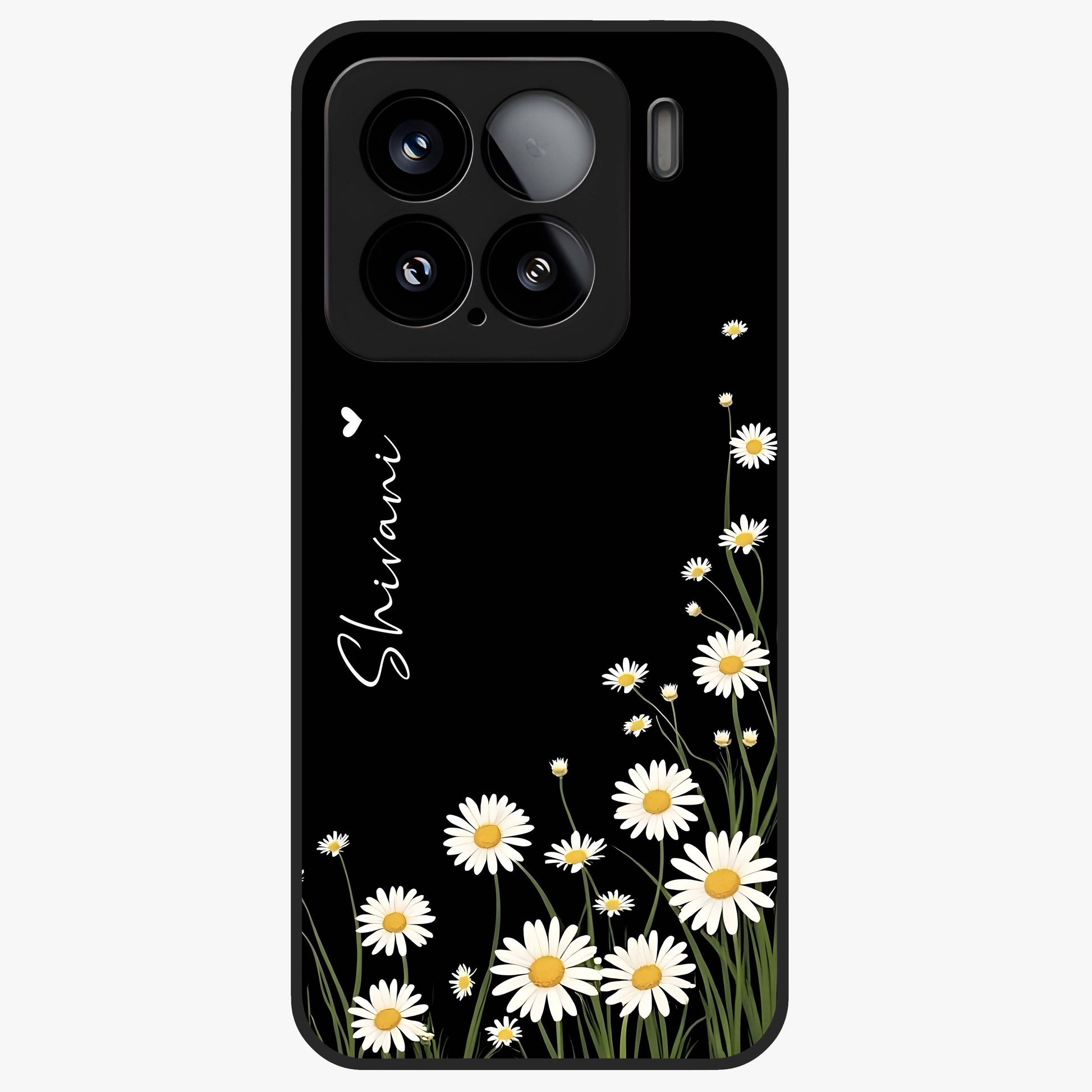 Daisy Cascade Custom Name Glass Case showing flat back view with cascading daisy flowers and personalized name design.