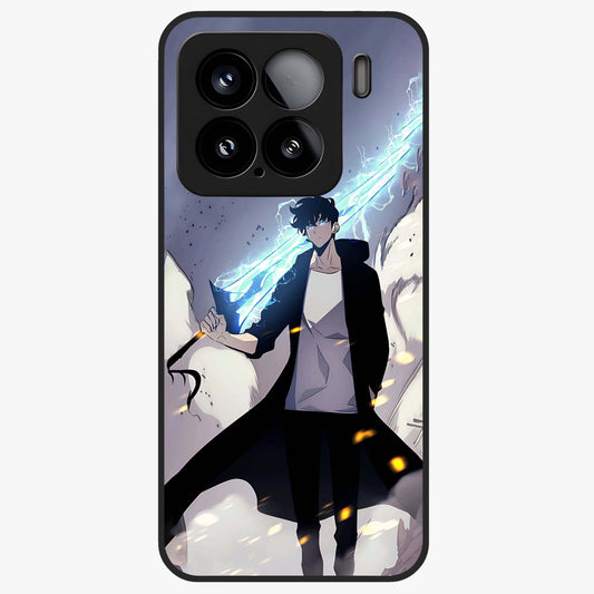 Dark Lightning Anime Warrior Glass Case showing flat back view with intense anime warrior artwork and glossy glass finish.
