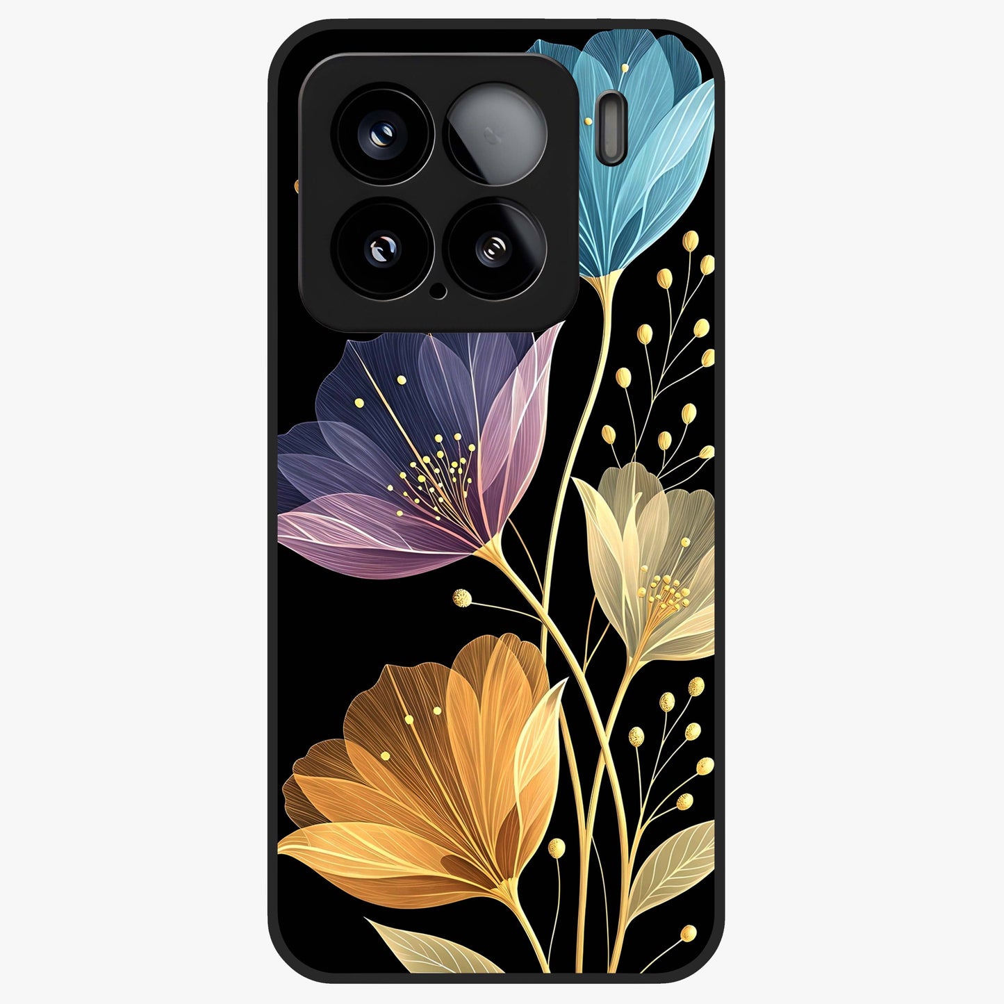 Delicate Multicolor Flowers Glass Case showing flat back view with vibrant floral artwork and glossy glass finish.