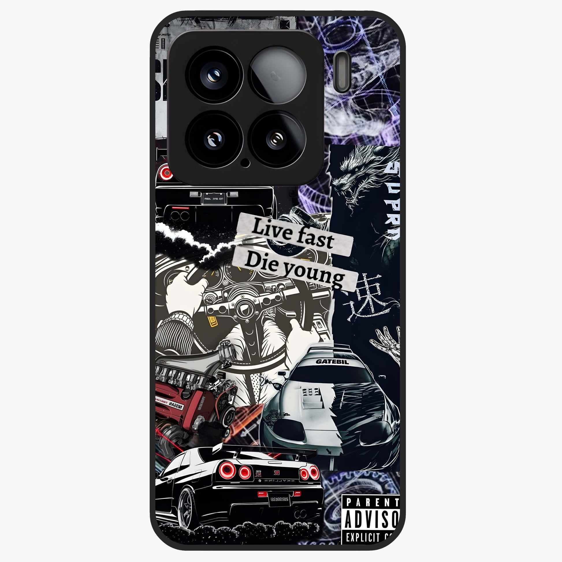 Die Young Glass Case showing flat back view with bold artistic typography design and glossy glass finish.