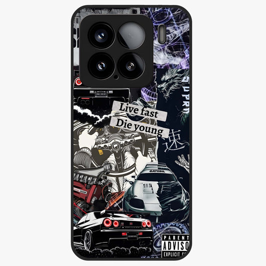 Die Young Glass Case showing flat back view with bold artistic typography design and glossy glass finish.