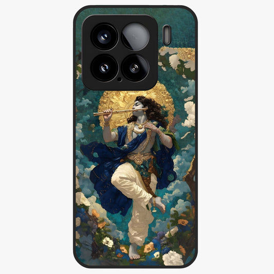 Divine Krishna Art Glass Case showing flat back view with Lord Krishna artwork and glossy glass finish.