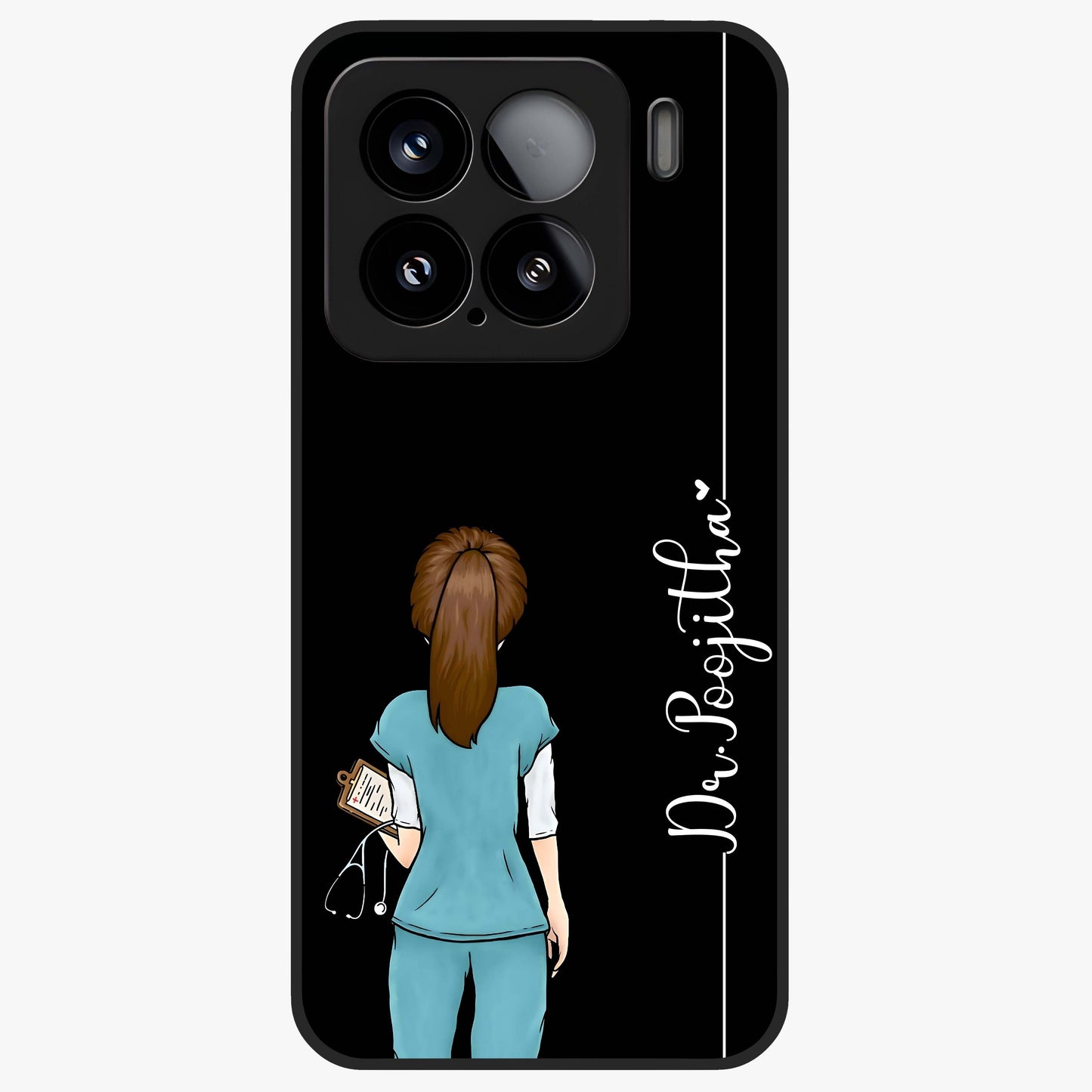 Doctor Pattern Custom Name Glass Case showing flat back view with medical themed pattern and personalized name design.