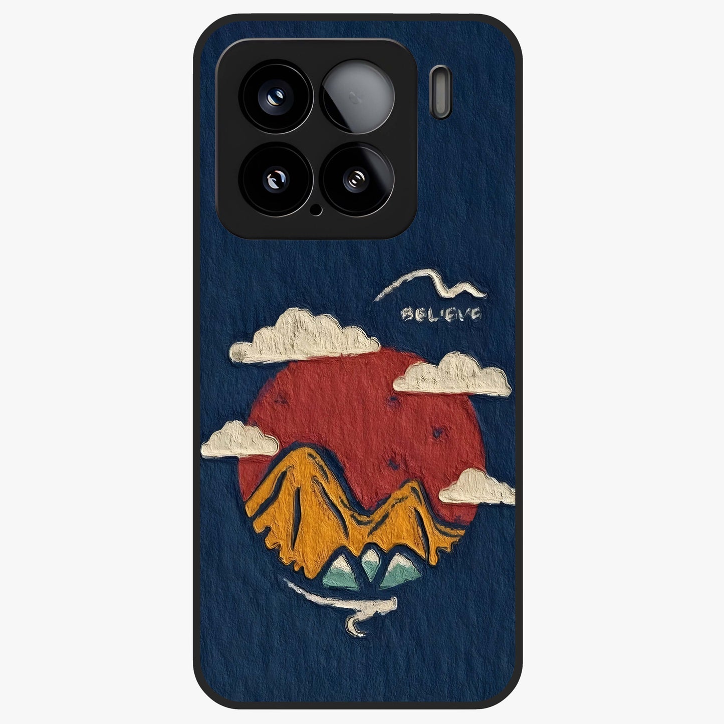 Dream Beyond Mountains Glass Case showing flat back view with scenic mountain landscape artwork and glossy glass finish.