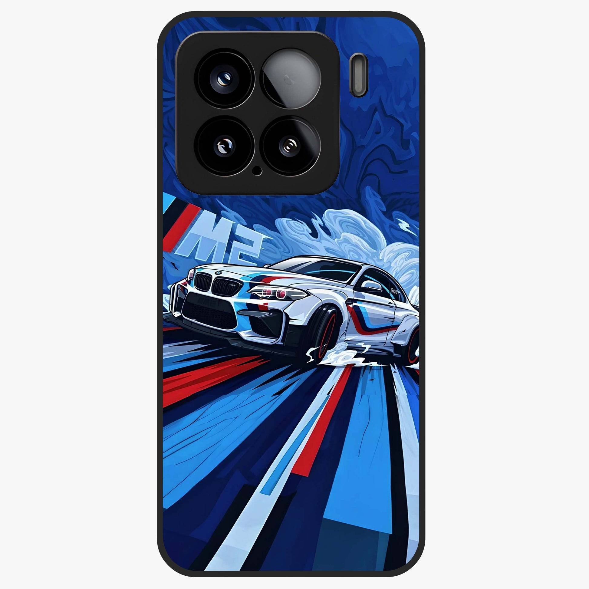 Drift Power Rush Glass Case showing flat back view with dynamic racing inspired artwork and glossy glass finish.