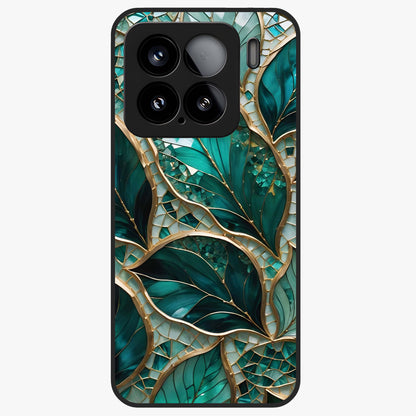Emerald Leaf Glass Glass Case showing flat back view with emerald green leaf artwork and glossy glass finish.