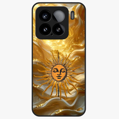 Eternal Golden Glow Glass Case showing flat back view with radiant golden themed artwork and glossy glass finish.