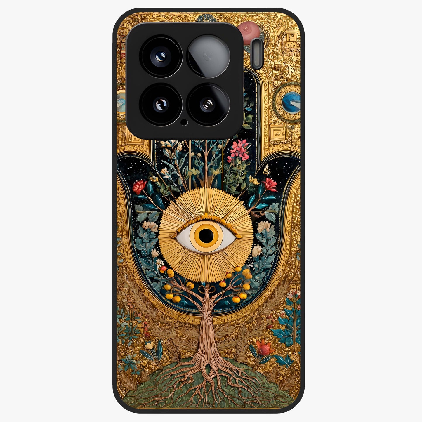 Ethereal Evil Eye Glass Case showing flat back view with mystical evil eye artwork and glossy glass finish.