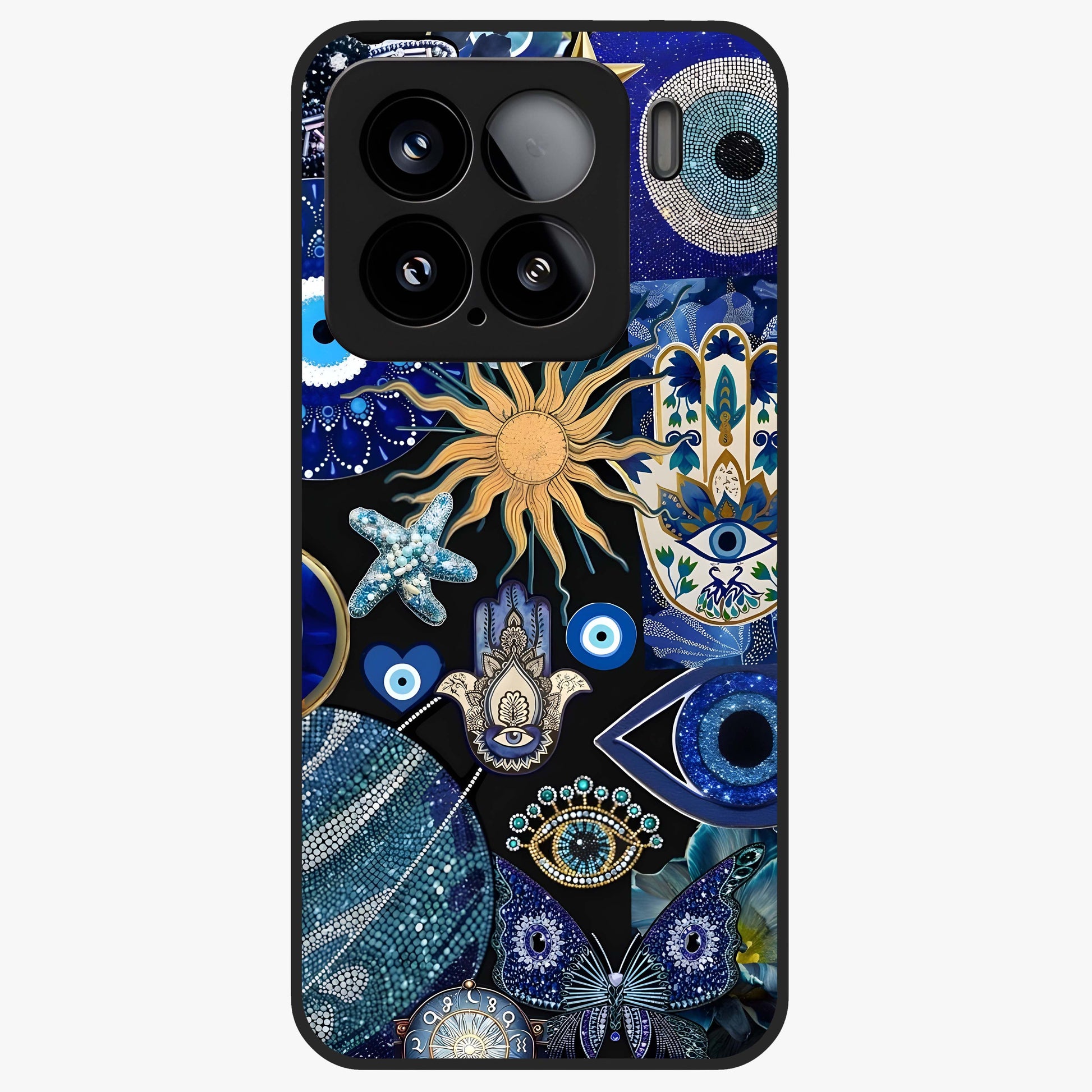 Evil Eye Charm Mix Glass Case showing flat back view with multiple evil eye charms artwork and glossy glass finish.