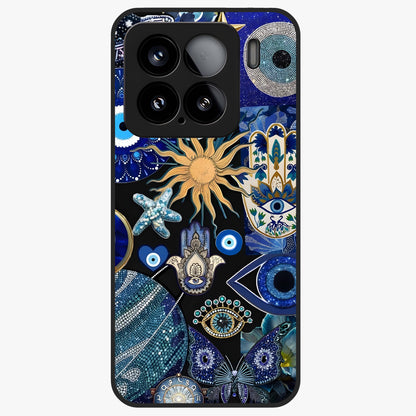 Evil Eye Charm Mix Glass Case showing flat back view with multiple evil eye charms artwork and glossy glass finish.