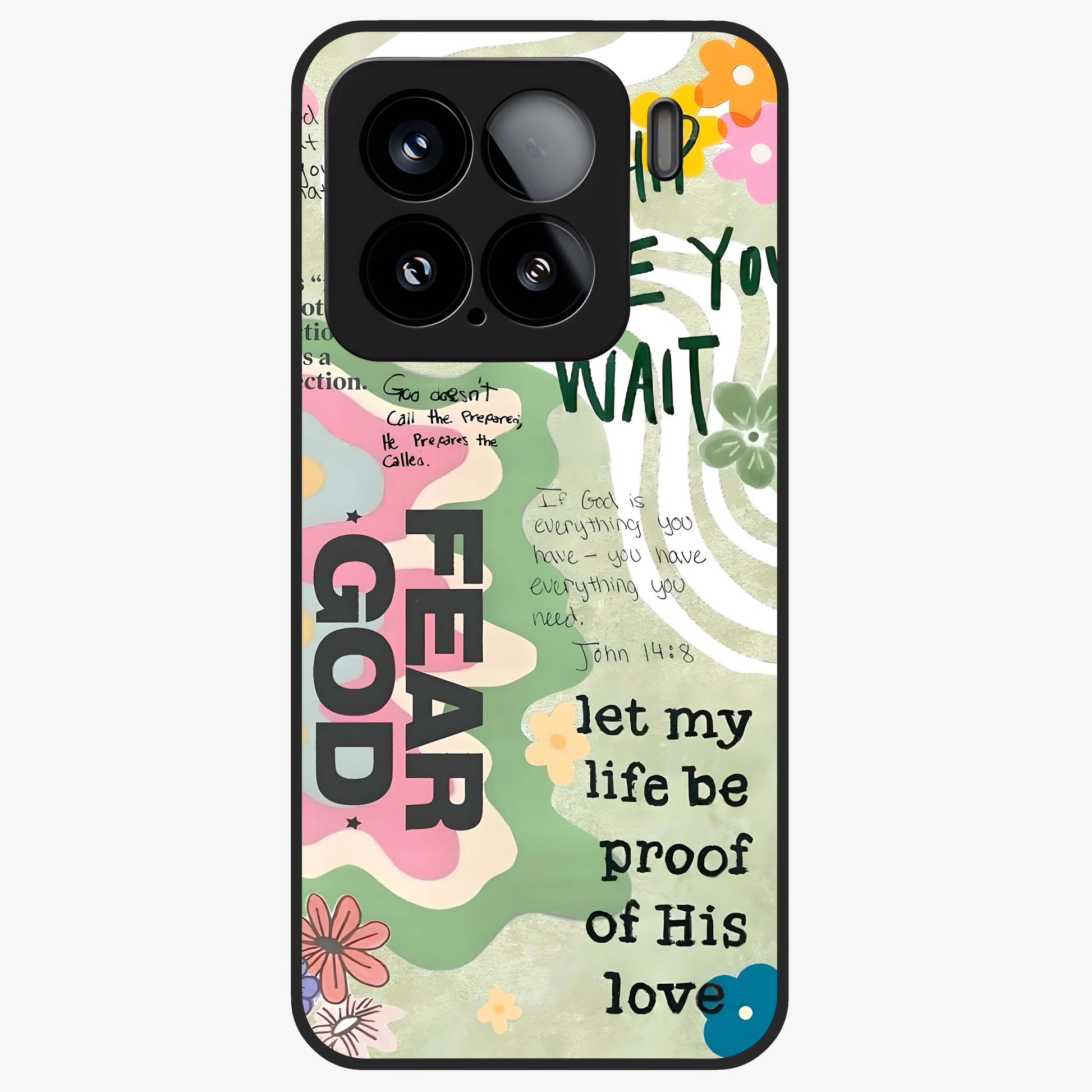 Faith Over Fear Glass Case showing flat back view with motivational typography artwork and glossy glass finish.