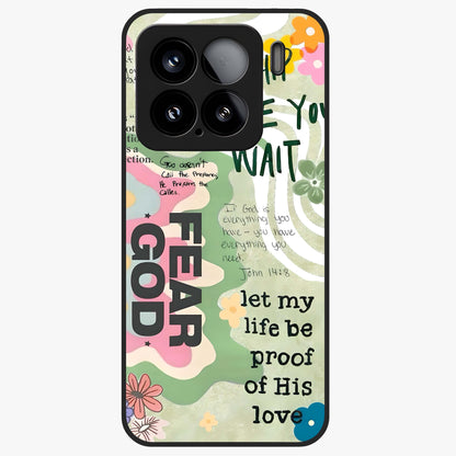 Faith Over Fear Glass Case showing flat back view with motivational typography artwork and glossy glass finish.