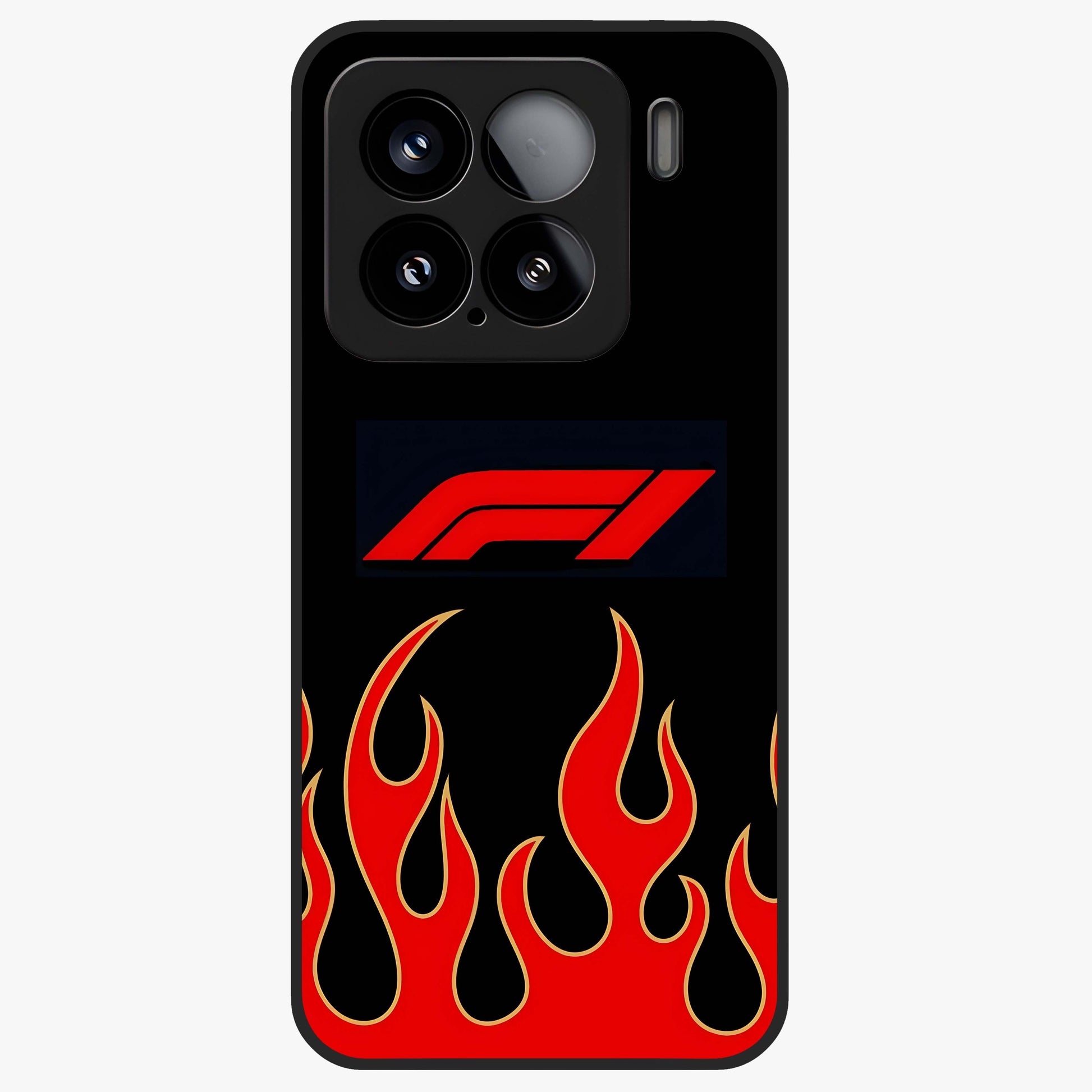 Fire F11 Glass Case showing flat back view with fiery themed artwork and glossy glass finish.