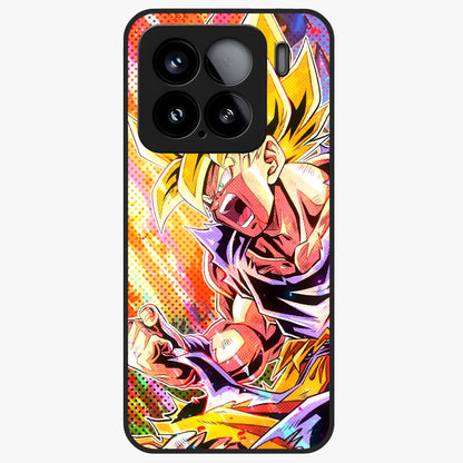 Firing Goku Glass Case showing flat back view with powerful anime inspired artwork and glossy glass finish.