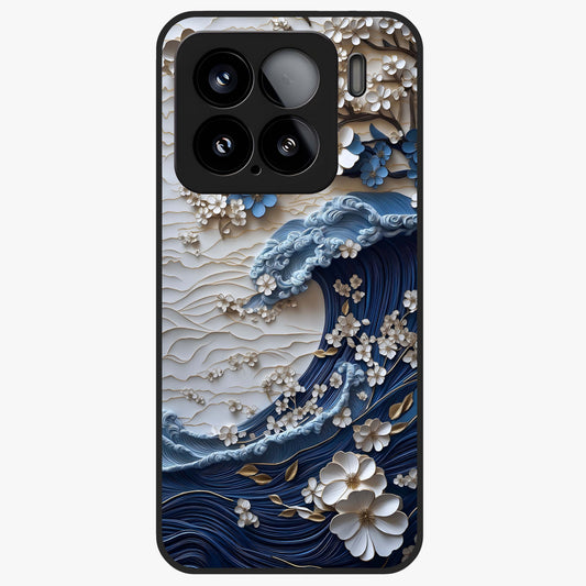 Floral Wave Origami Glass Case showing flat back view with origami inspired floral wave artwork and glossy glass finish.
