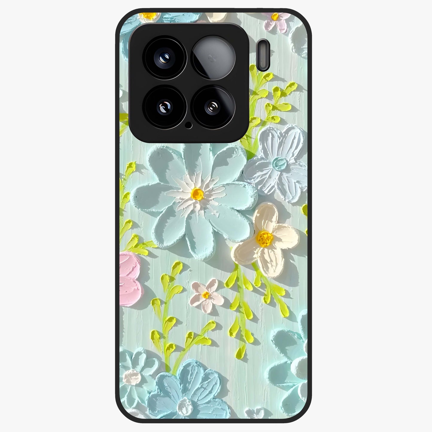 Frosted Petal Garden Glass Case showing flat back view with soft frosted floral artwork and glossy glass finish.