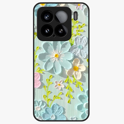 Frosted Petal Garden Glass Case showing flat back view with soft frosted floral artwork and glossy glass finish.