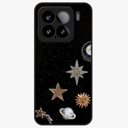Galactic Charm Glow Glass Case showing flat back view with glowing celestial charm artwork and glossy glass finish.