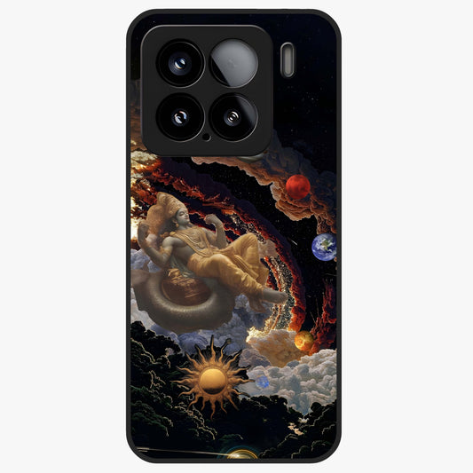 Galactic Divine God Glass Case showing flat back view with divine cosmic themed artwork and glossy glass finish.