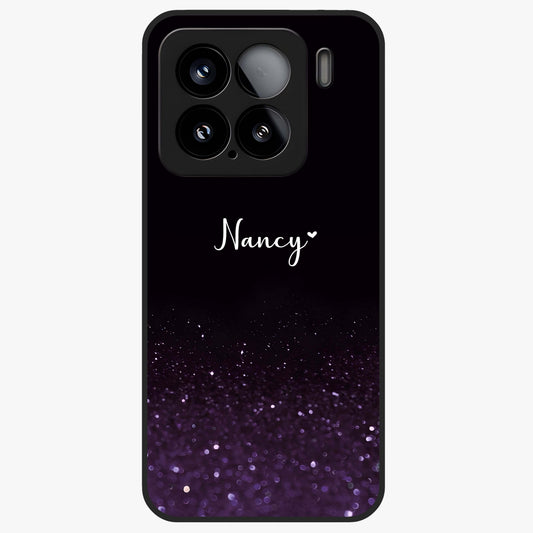 Glittery Purple Bokeh Custom Name Glass Case showing flat back view with purple bokeh sparkle artwork and personalized name design.