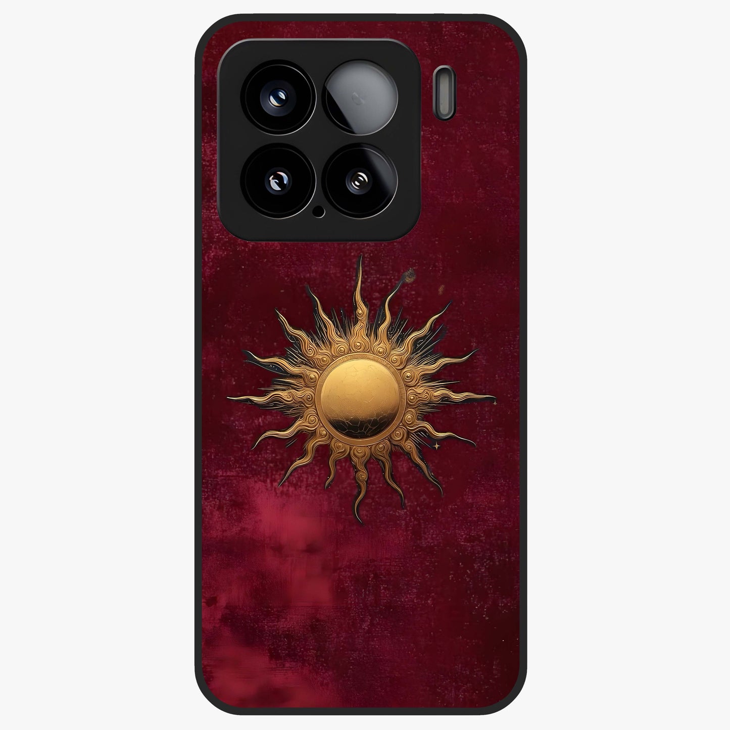 Gold Sun Blush Glass Case showing flat back view with golden sun inspired artwork and glossy glass finish.