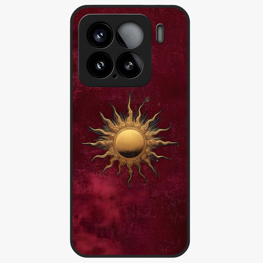Gold Sun Blush Glass Case showing flat back view with golden sun inspired artwork and glossy glass finish.