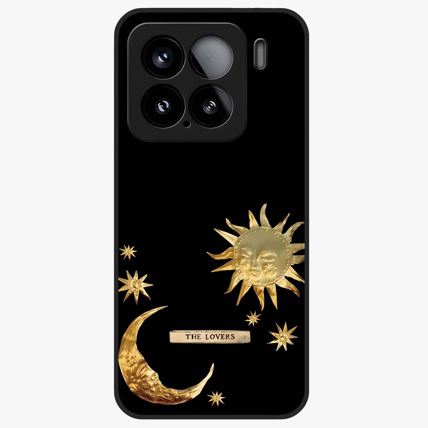 Golden Celestial Charm Glass Case showing flat back view with golden celestial charm artwork and glossy glass finish.