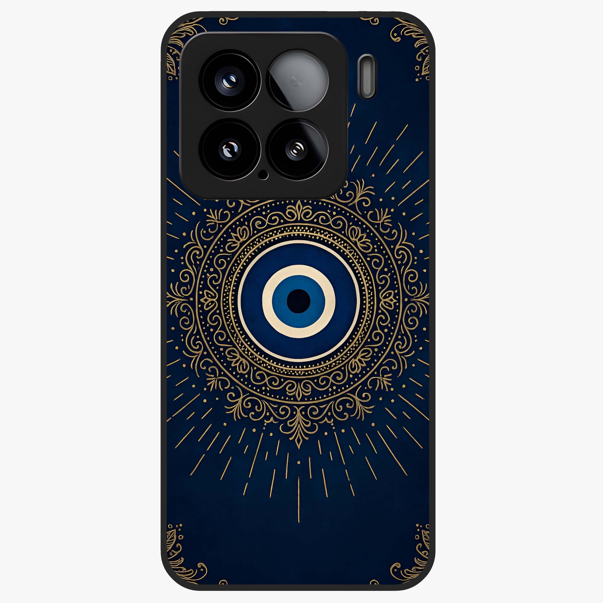 Golden Evil Eye Mandala Glass Case showing flat back view with intricate evil eye mandala artwork and glossy glass finish.
