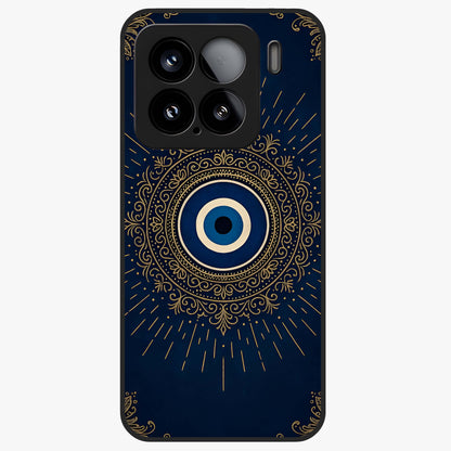 Golden Evil Eye Mandala Glass Case showing flat back view with intricate evil eye mandala artwork and glossy glass finish.