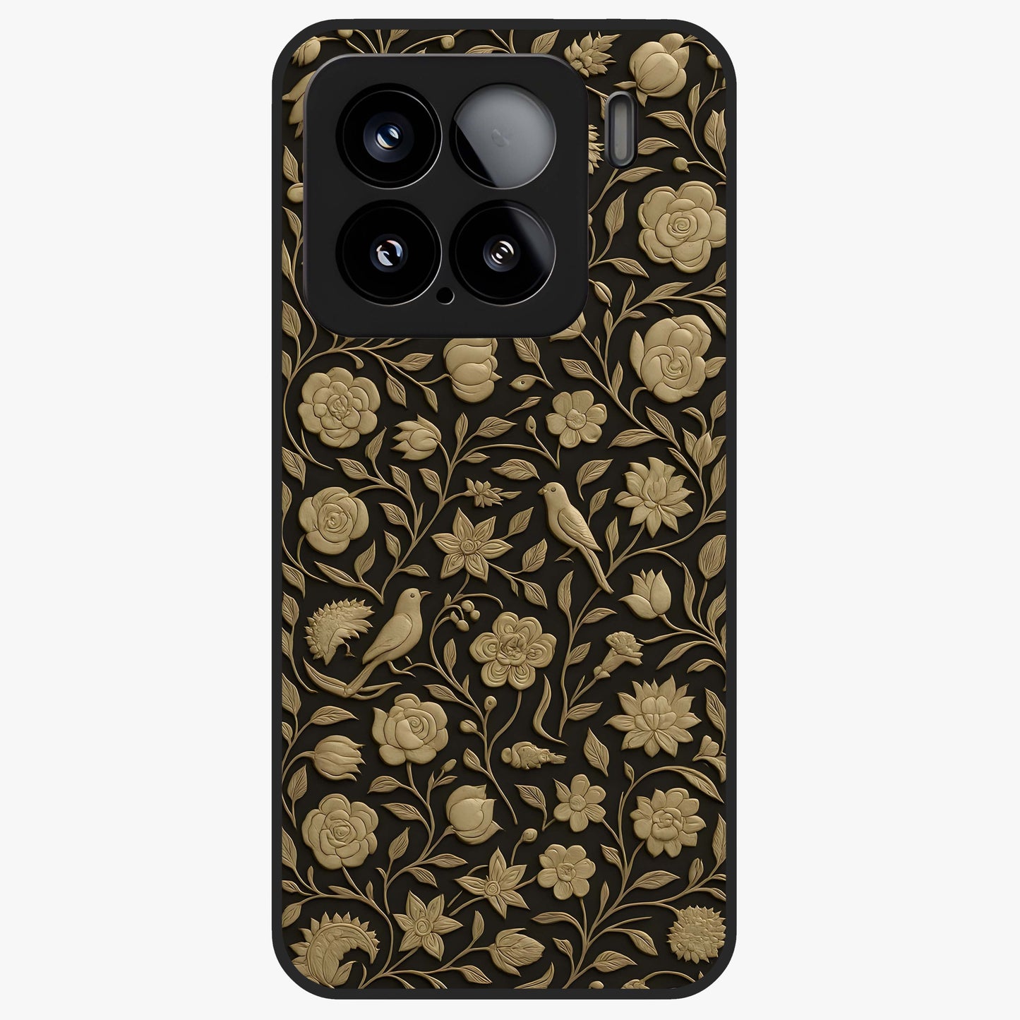 Golden Floral Majesty Glass Case showing flat back view with luxurious golden floral artwork and glossy glass finish.