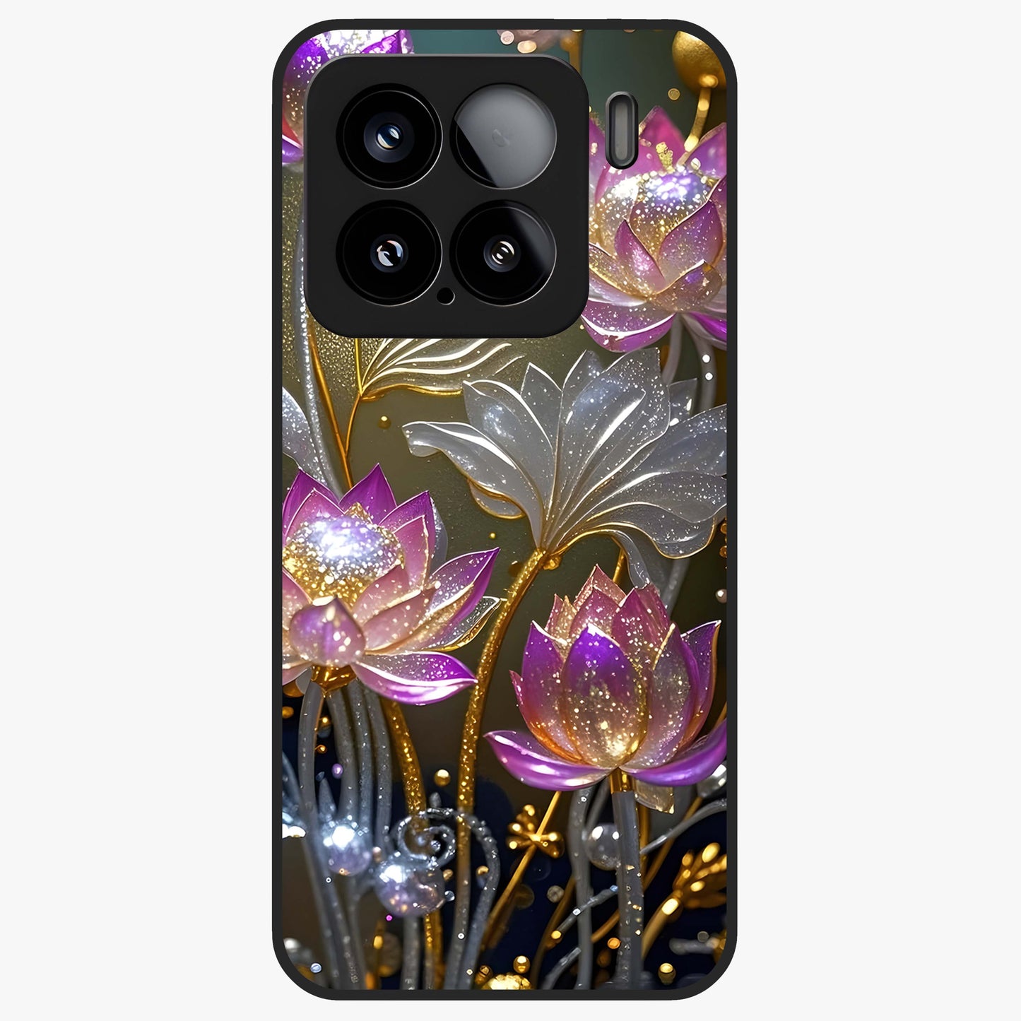 Golden Lotus Glow Glass Case showing flat back view with glowing lotus flower artwork and glossy glass finish.