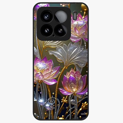 Golden Lotus Glow Glass Case showing flat back view with glowing lotus flower artwork and glossy glass finish.