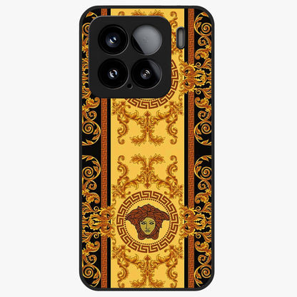 Golden Royal Heritage Glass Case showing flat back view with ornate royal pattern artwork and glossy glass finish.