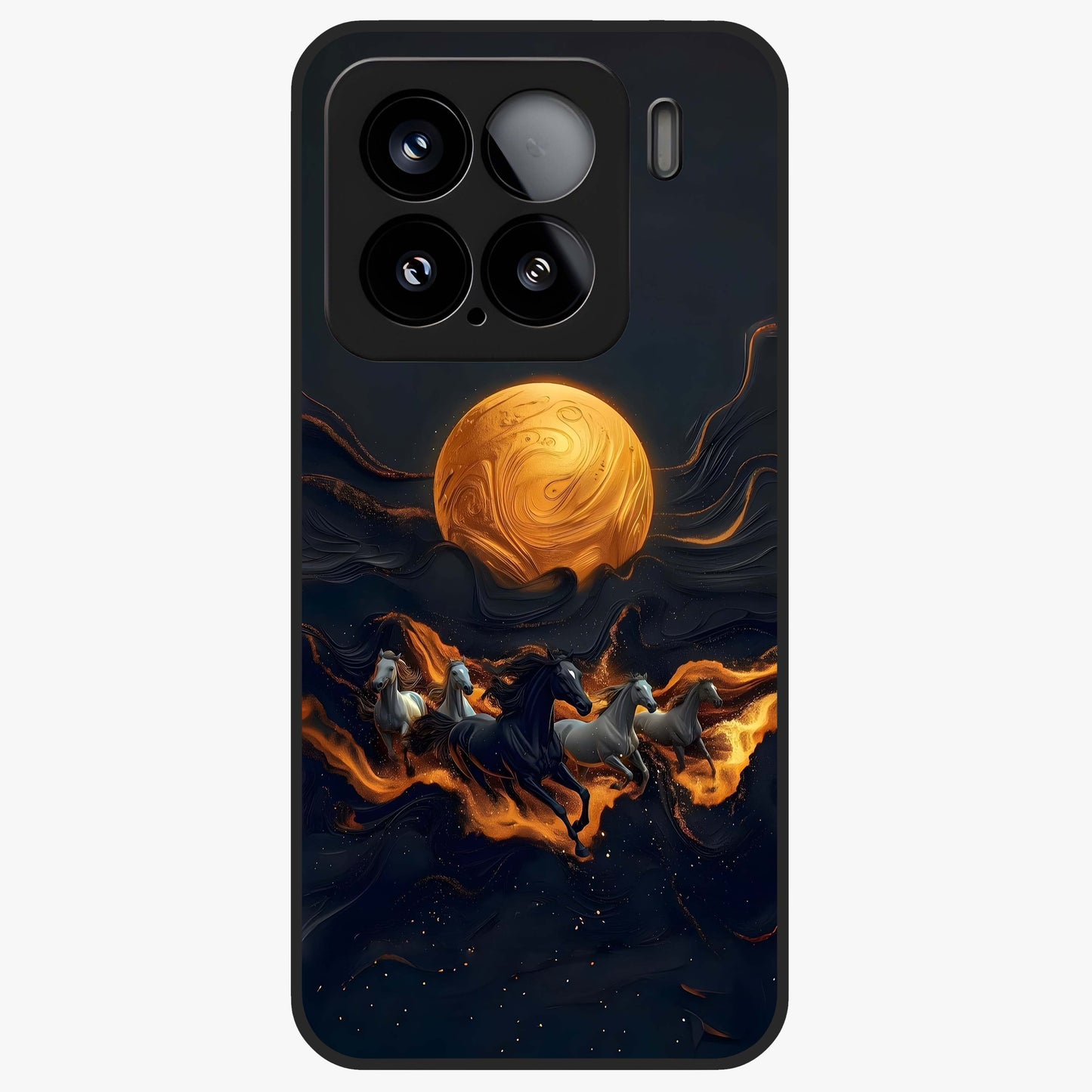 Golden Stallion Moonride Glass Case showing flat back view with majestic horse under moonlight artwork and glossy glass finish.