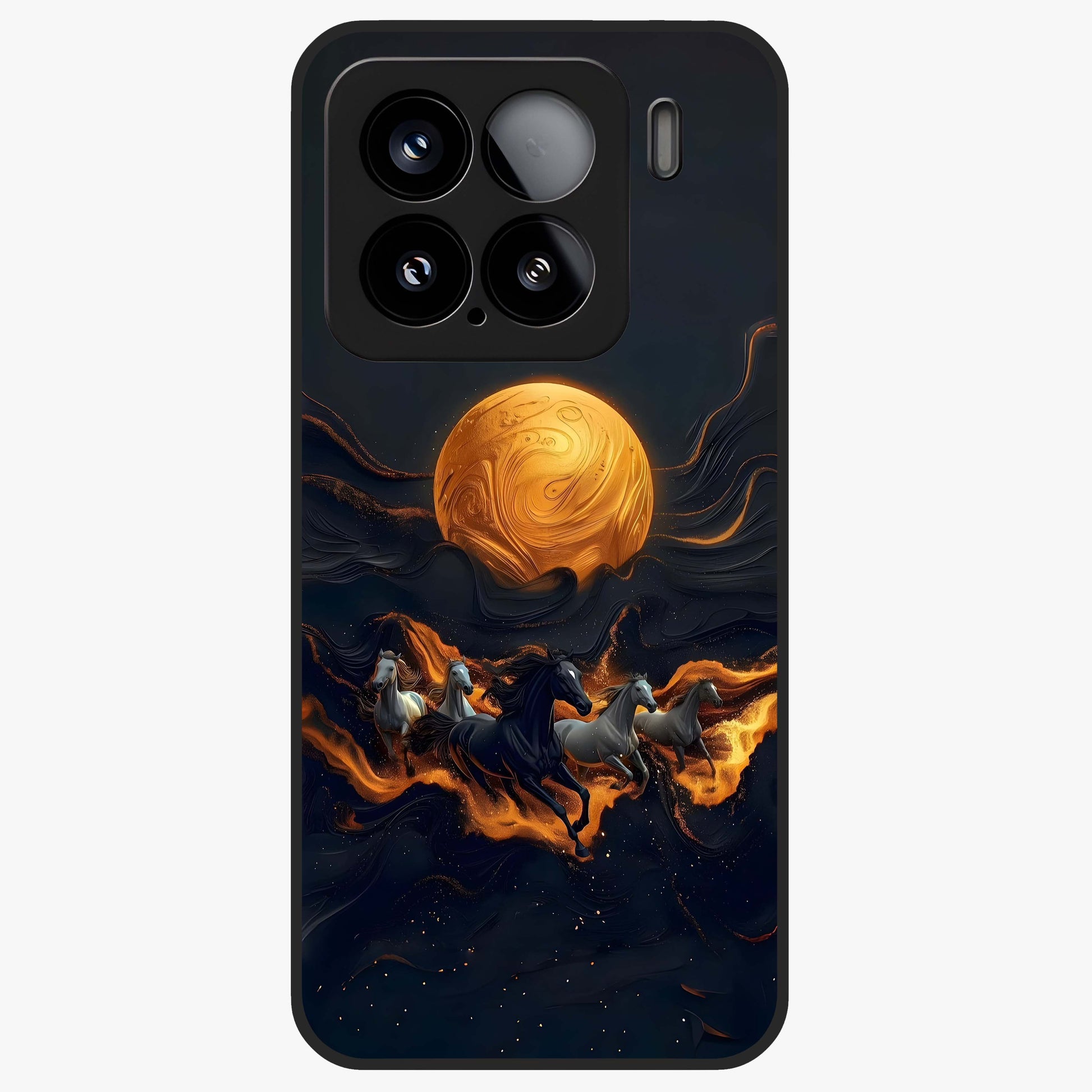 Golden Stallion Moonride Glass Case showing flat back view with majestic horse under moonlight artwork and glossy glass finish.