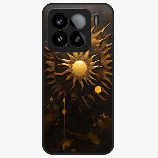 Golden Sun Majesty Glass Case showing flat back view with radiant golden sun artwork and glossy glass finish.