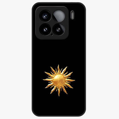 Golden Sun Minimalism Glass Case showing flat back view with minimal golden sun artwork and glossy glass finish.